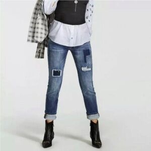 CAbi Slim Boyfriend Jeans Patchwork Denim Medium Blue Wash Size 0
